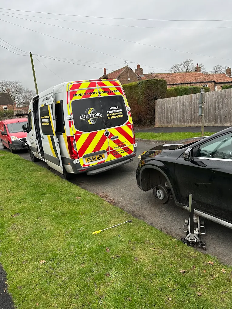Lux Tyres mobile van at roadside - emergency tyre fitting - serving Halifax