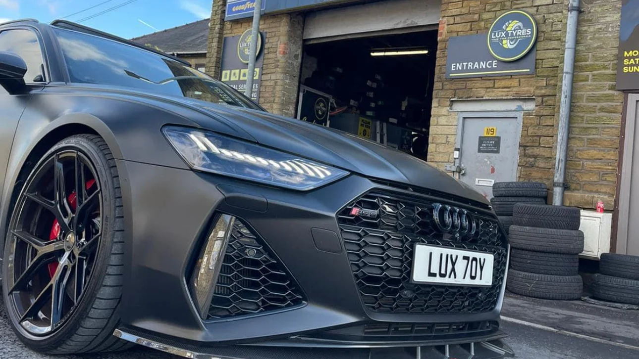 Matte black Audi RS6 outside Lux Tyres Halifax