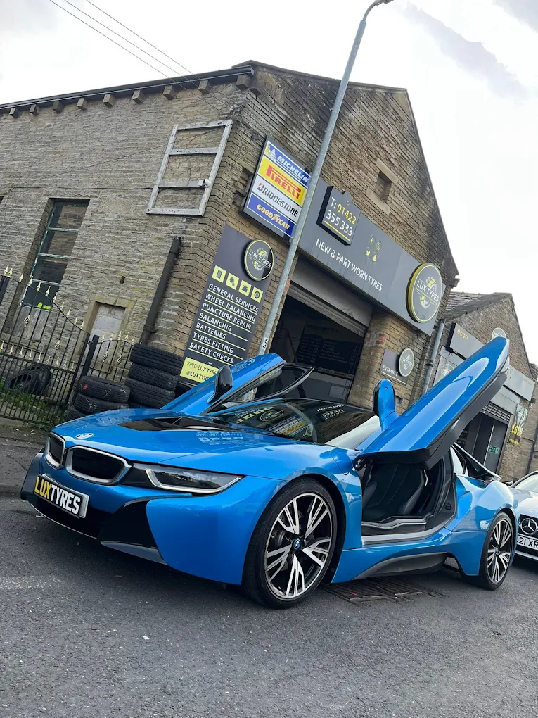 Blue BMW i8 at Lux Tyres Halifax